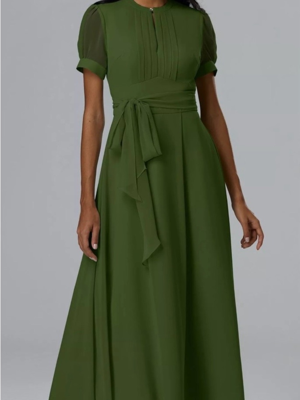 AW.Bridal Olive Green Tie-Waist Maxi Dress with Pleated Bodice Size 12